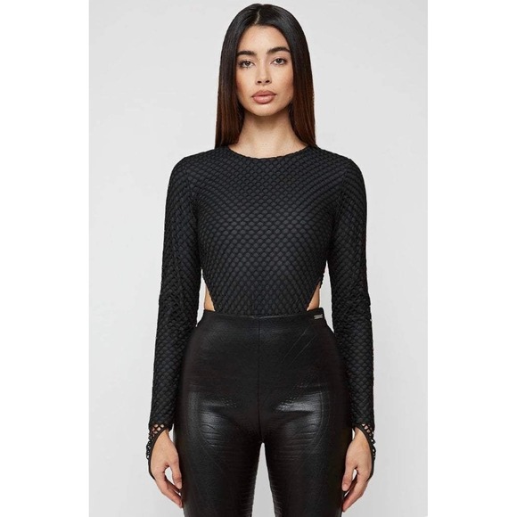 MANIERE DE VOIR Black High Leg Mesh Cutout Long Sleeve Bodysuit Women's Size 6 - Picture 1 of 9